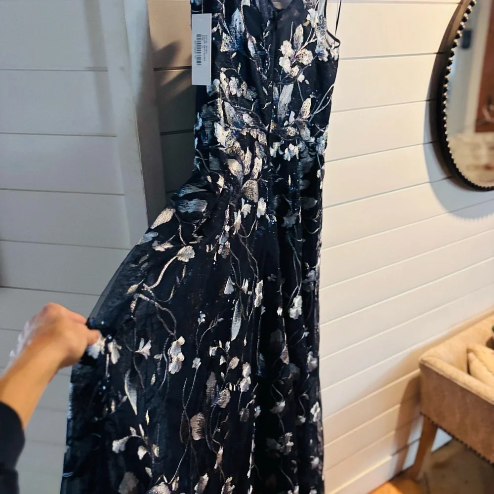 Teri Jon Navy Maxi Dress with Silver Floral Embroidery - Picture 10 of 14